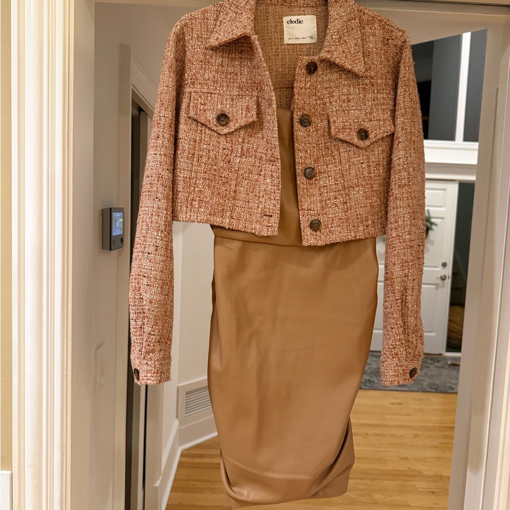 Paired Elodie Tweed cropped jacket and Lulus vegan leather bodycon rouged dress